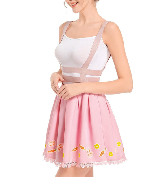 Landofgenie Pleated Overall Skirt Romper - Cute Carrot and Rabbit - landofgenie