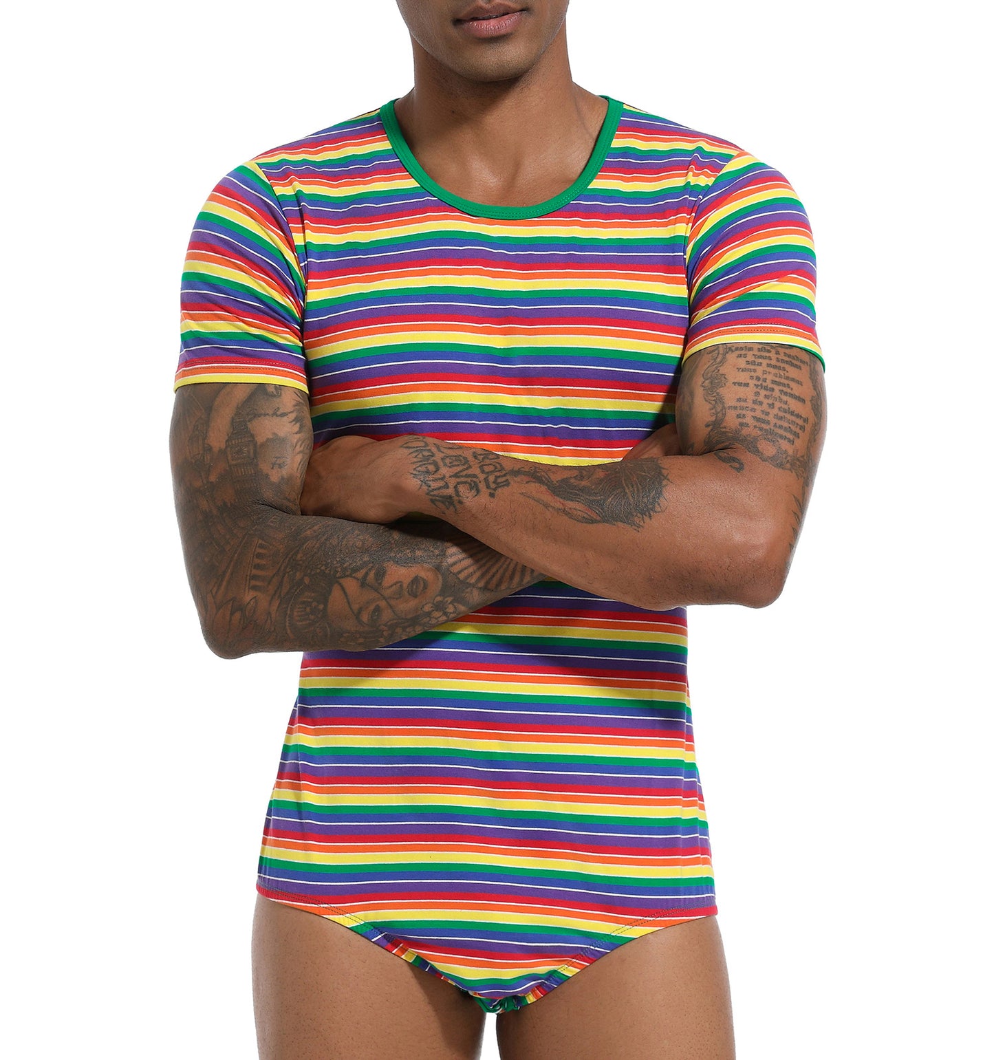 Landofgenie Mens Striped Onesie Short Sleeve Bodysuit Rainbow stripe - Stripe Maker