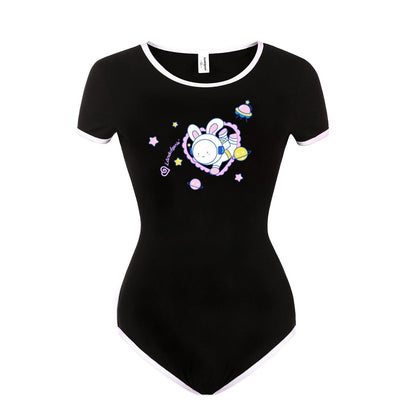Landofgenie ABDL Onesie Womens Cotton Bodysuit - Black Astronaut Bunny - landofgenie