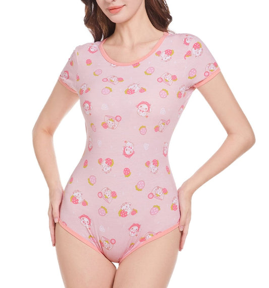 Landofgenie ABDL Onesie Womens Cotton Bodysuit - Strawberry Cow - landofgenie