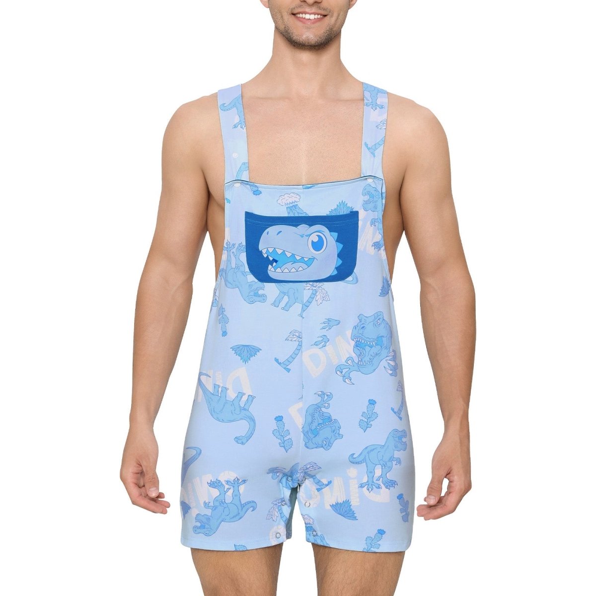 Landofgenie Adult Print Bib Shorts with Pocket - Blue Dinosaur - landofgenie