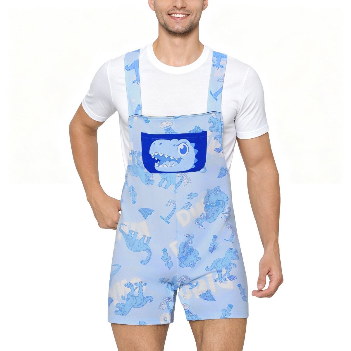 Landofgenie Adult Print Bib Shorts with Pocket - Blue Dinosaur - landofgenie