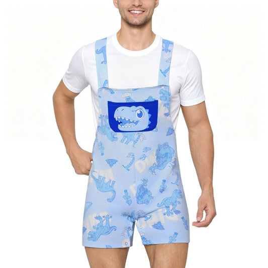 Landofgenie Adult Print Bib Shorts with Pocket - Blue Dinosaur - landofgenie