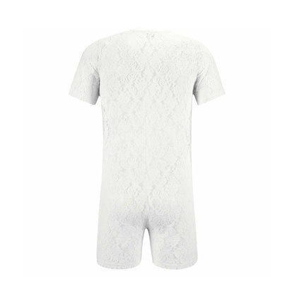 Landofgenie Men Lace Fabric Bodysuit Snap Crotch - Rose Lce White - landofgenie