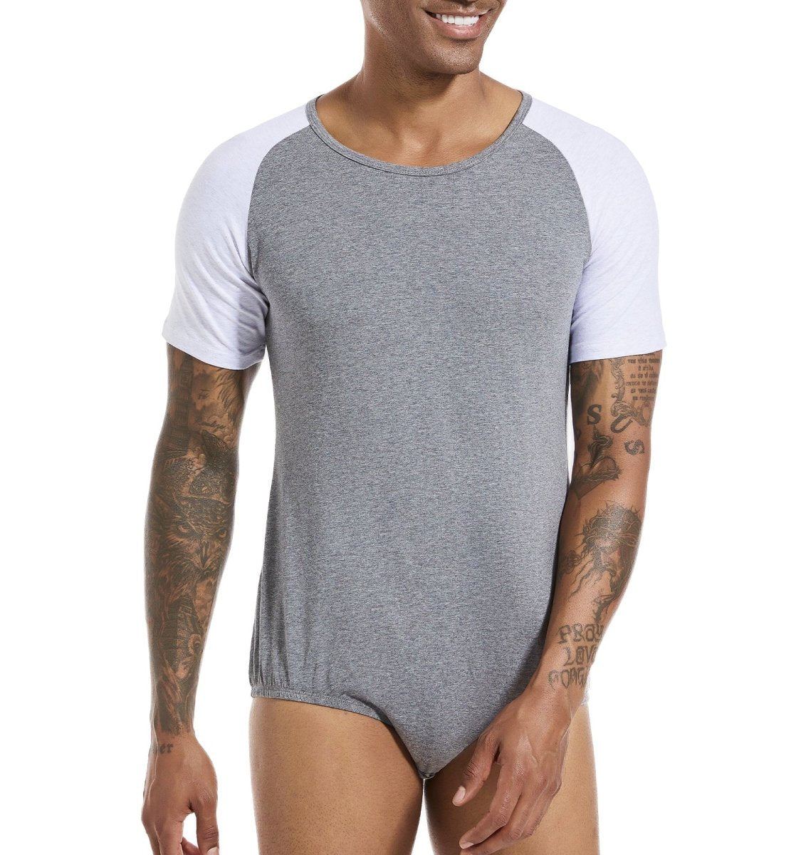 Landofgenie Men Raglan Sleeve Design Bodysuit -Grey - landofgenie