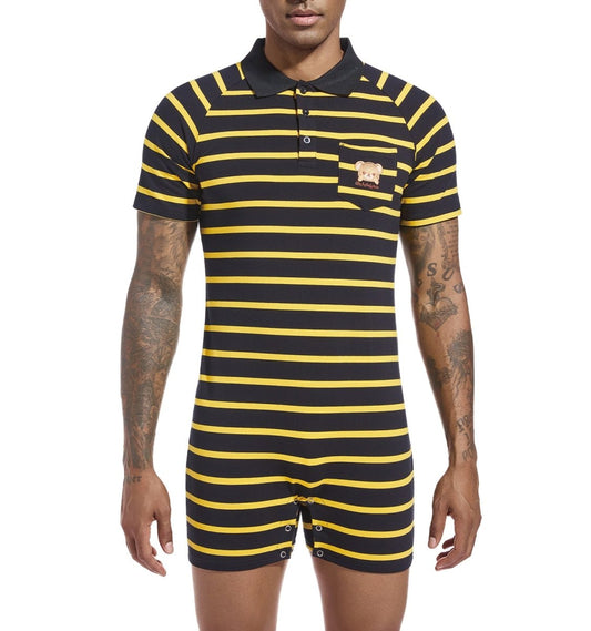 Landofgenie Men Short Sleeve Romper One Piece Pajamas - Black Bear - landofgenie