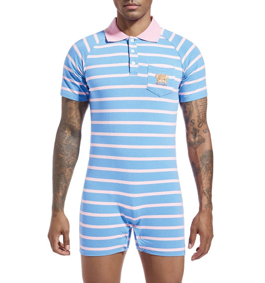 Landofgenie Men Short Sleeve Romper One Piece Pajamas - Blue Bear - landofgenie