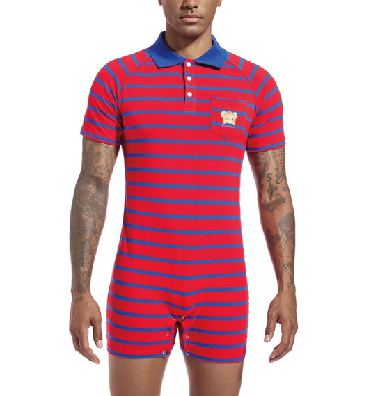 Landofgenie Men Short Sleeve Romper One Piece Pajamas - Red Bear - landofgenie