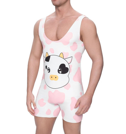 Landofgenie Men Sleeveless Bib Shorts Cow Pattern Print - landofgenie