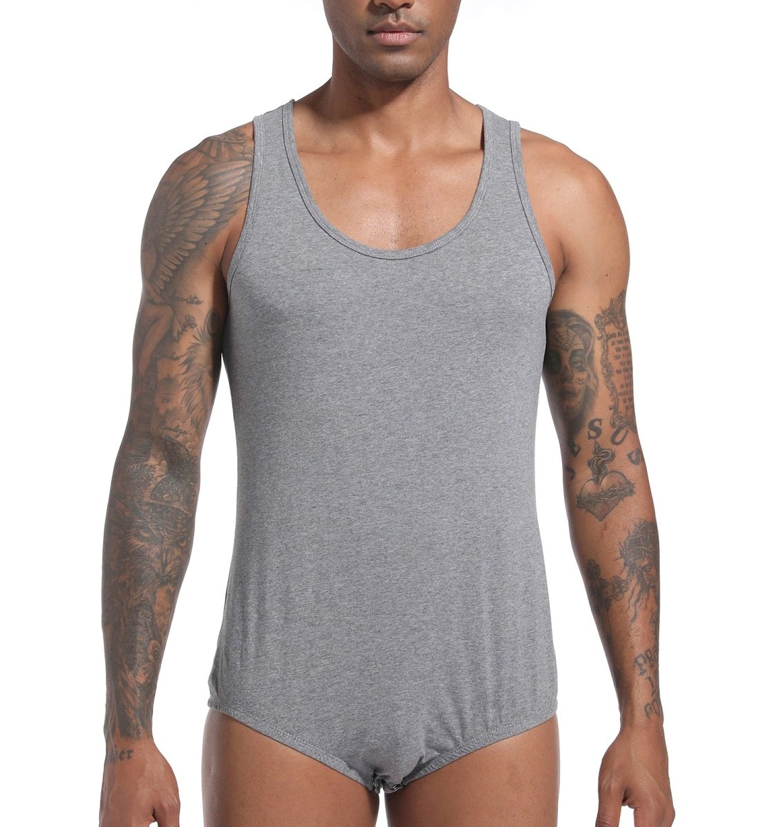 Landofgenie Mens Cotton Sleeveless Basic Bodysuit- Gray - landofgenie