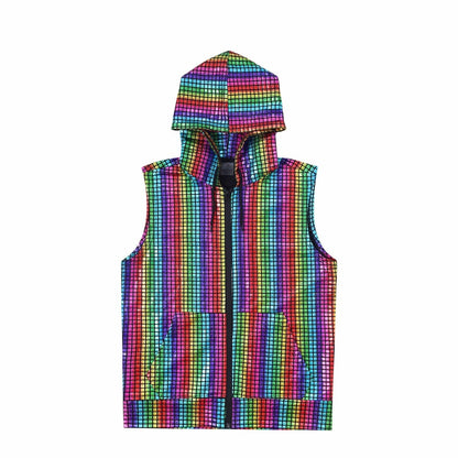 Landofgenie Mens Shiny Metallic Zip Up Sleeveless Hooded Vest T Shirt - Red blue - landofgenie