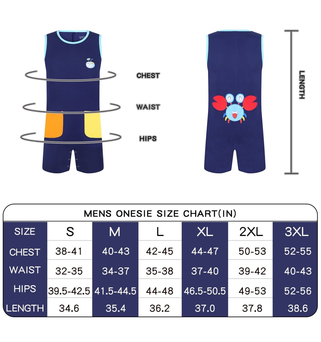 Landofgenie Mens Sleeveless Bodysuit One Piece Pajamas - Crab - landofgenie