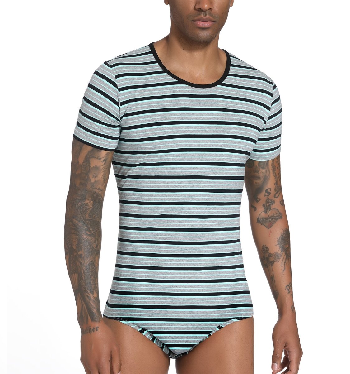 Landofgenie Mens Striped Onesie Short Sleeve Bodysuit Gray - Stripe Maker - landofgenie