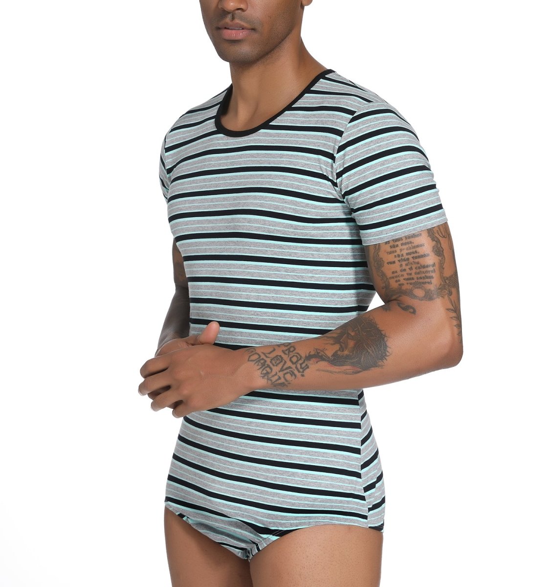 Landofgenie Mens Striped Onesie Short Sleeve Bodysuit Gray - Stripe Maker - landofgenie