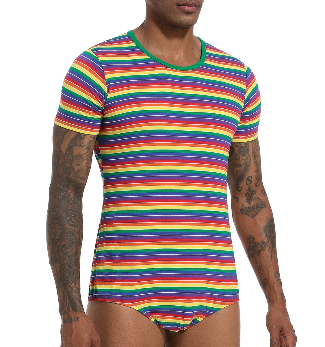 Landofgenie Mens Striped Onesie Short Sleeve Bodysuit Rainbow stripe - Stripe Maker - landofgenie