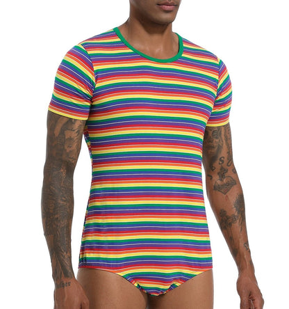 Landofgenie Mens Striped Onesie Short Sleeve Bodysuit Rainbow stripe - Stripe Maker - landofgenie