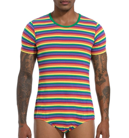 Landofgenie Mens Striped Onesie Short Sleeve Bodysuit Rainbow stripe - Stripe Maker - landofgenie