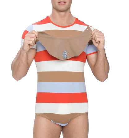 Landofgenie Mens Striped Onesie with bibs - Dancing Kitty - landofgenie