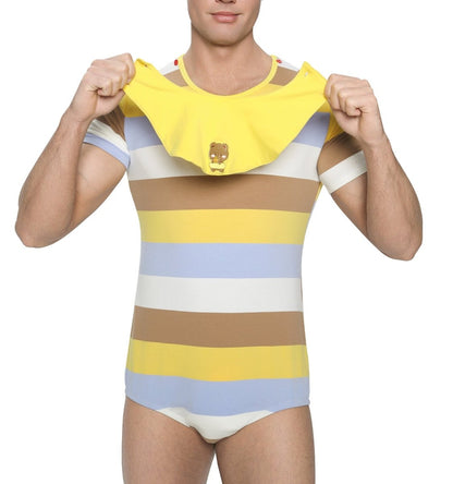 Landofgenie Mens Striped Onesie with bibs - Swimming Bear - landofgenie