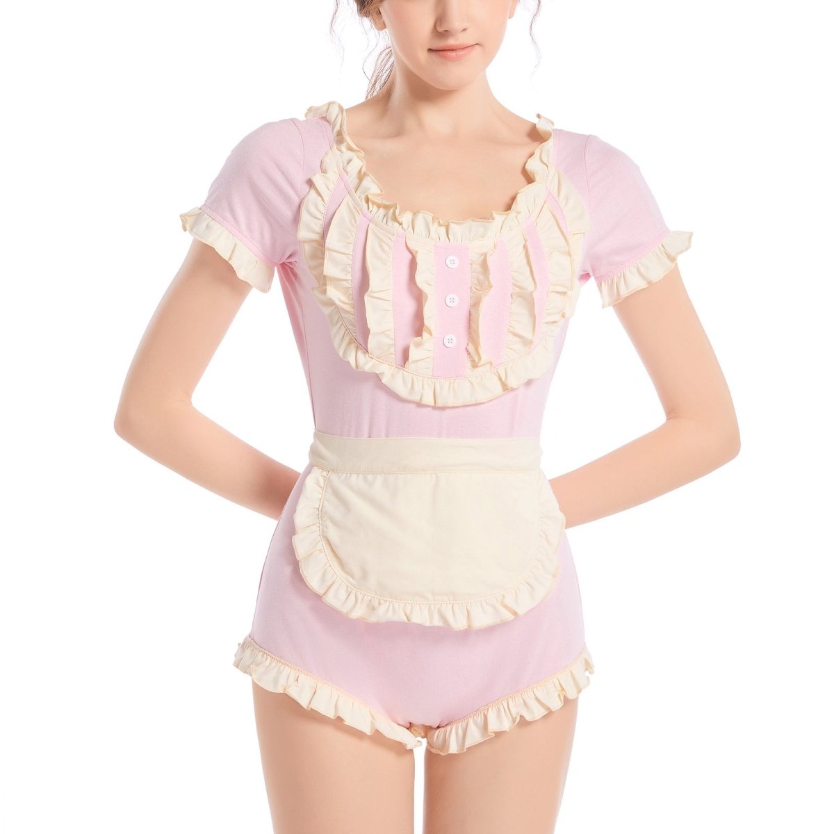 Landofgenie ABDL Bodysuit Cotton Onesie- Pink Maid Outfit - landofgenie