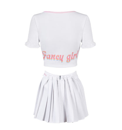 Landofgenie Fancy Girl Crop Top Puff Sleeve Scoop Neck Shirt Skirt Set - landofgenie