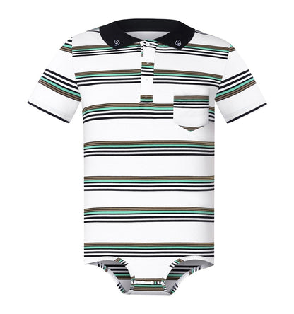 Landofgenie Men Brand Striped Polo Onesie - Classical White Polo - landofgenie