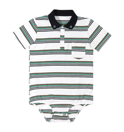 Landofgenie Men Brand Striped Polo Onesie - Classical White Polo - landofgenie