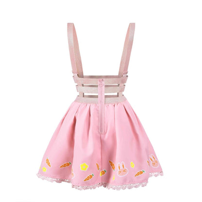 Landofgenie Pleated Overall Skirt Romper - Cute Carrot and Rabbit - landofgenie