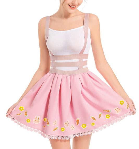Landofgenie Pleated Overall Skirt Romper - Cute Carrot and Rabbit - landofgenie