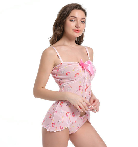 Landofgenie Women Lace Strap Lingerie Underwear Babydoll Sleepwear - Star Cats & Rainbow - landofgenie