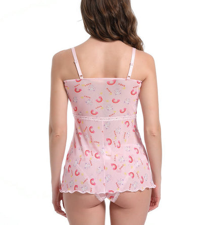 Landofgenie Women Lace Strap Lingerie Underwear Babydoll Sleepwear - Star Cats & Rainbow - landofgenie