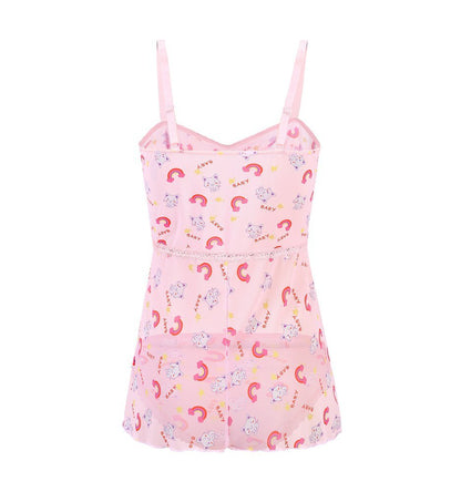 Landofgenie Women Lace Strap Lingerie Underwear Babydoll Sleepwear - Star Cats & Rainbow - landofgenie